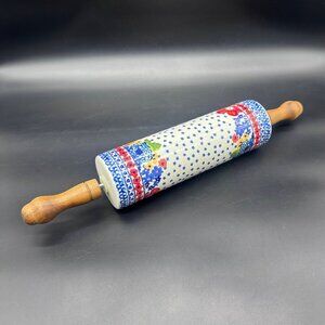 Pioneer Woman Ceramic Rolling Pin Dazzling Dahlias Retired Acacia Wood Handles